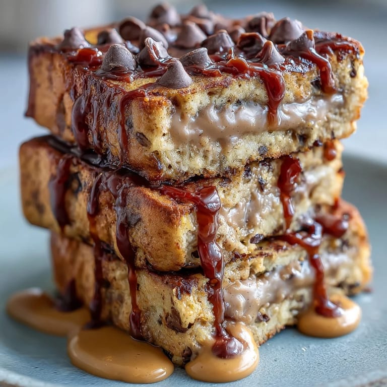 Decadent High-Protein Peanut Butter & Chocolate Baked French Toast served warm with a dollop of yogurt in a baking dish.