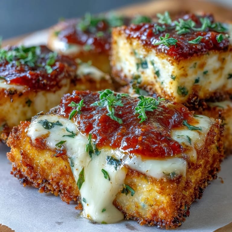These Crispy Tofu Chicken Parm Bakes feature golden, crunchy tofu slabs smothered in marinara and gooey melted mozzarella for a comforting vegetarian dinner.