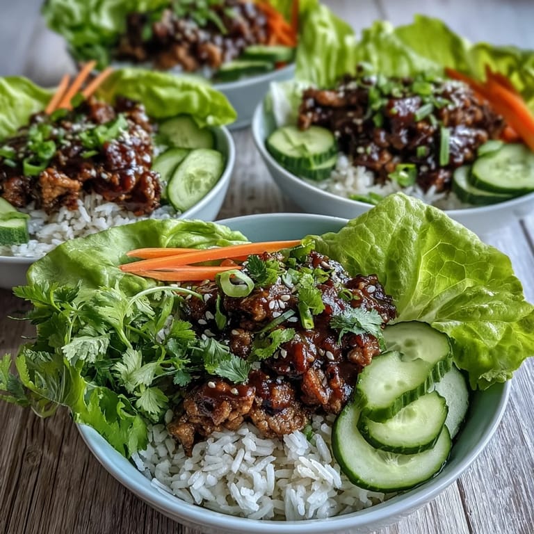 A close-up of sesame turkey lettuce wrap bowls with julienned carrots, fresh cilantro, and sesame seeds on steamed rice.
