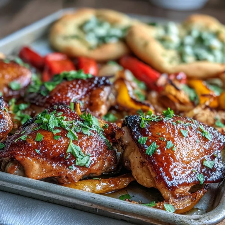Tender, juicy Sheet Pan Honey Garlic Chicken thighs and roasted vegetables served with buttery garlic naan on a rustic wooden table, ready to serve.