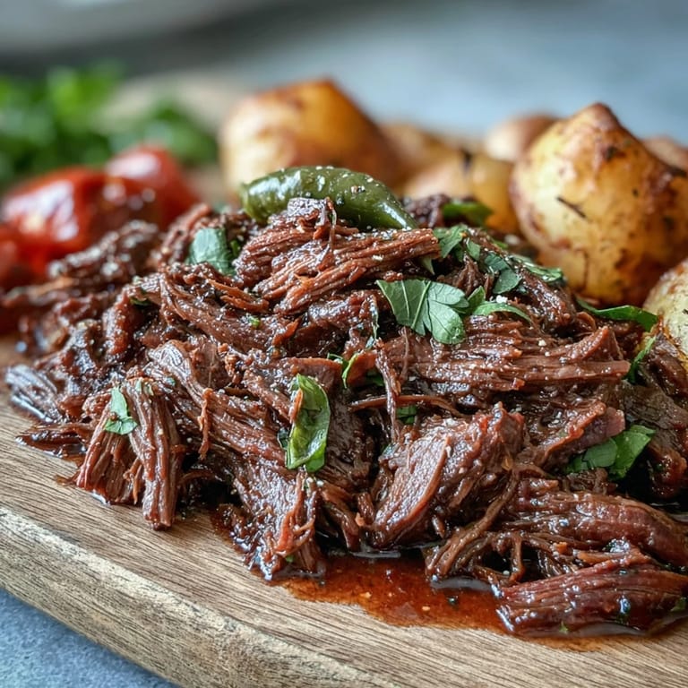 Hearty serving of Mississippi-Style Ranch Beef alongside creamy mashed potatoes, featuring tender beef shreds and a tangy ranch glaze.