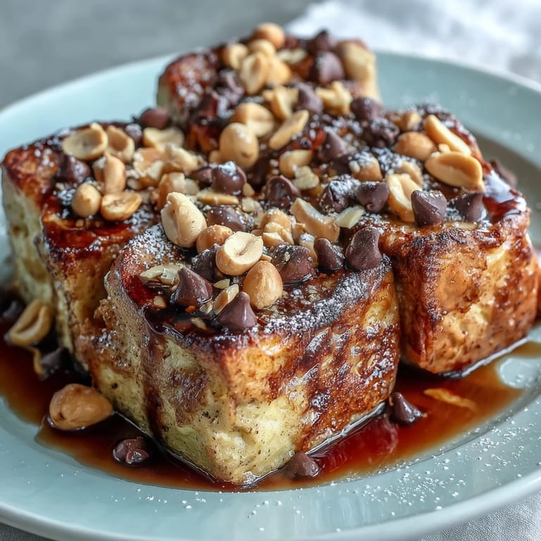 Serving of High-Protein Peanut Butter & Chocolate Baked French Toast on a plate with fresh banana slices.