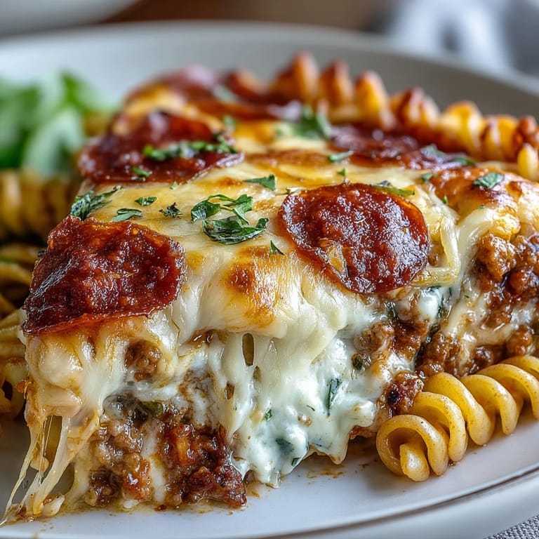 Hearty slice of High-Protein Pizza Pasta Bake on a plate showing layers of pasta and beef.