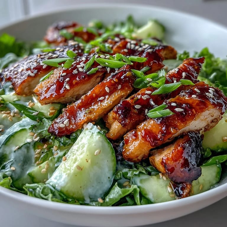 The finished TikTok Chili-Crisp Cucumber Chicken Bowl is ready to serve, featuring fluffy jasmine rice and a drizzle of bold, spicy chili crisp oil.