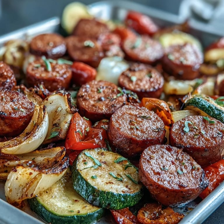 A platter of Smoky Sheet Pan Sausage & Veggies with Naan, garnished with fresh parsley and lemon wedges.