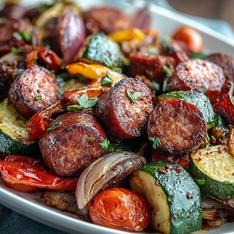 Close-up of Smoky Sheet Pan Sausage & Veggies with Naan, showing charred edges and warm, buttery garlic naan.