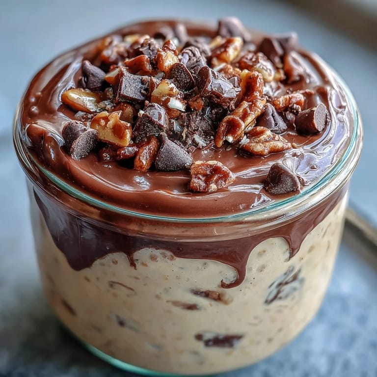 This thick and creamy peanut butter cup overnight oats breakfast is topped with mini chocolate chips and served chilled in glass jars.