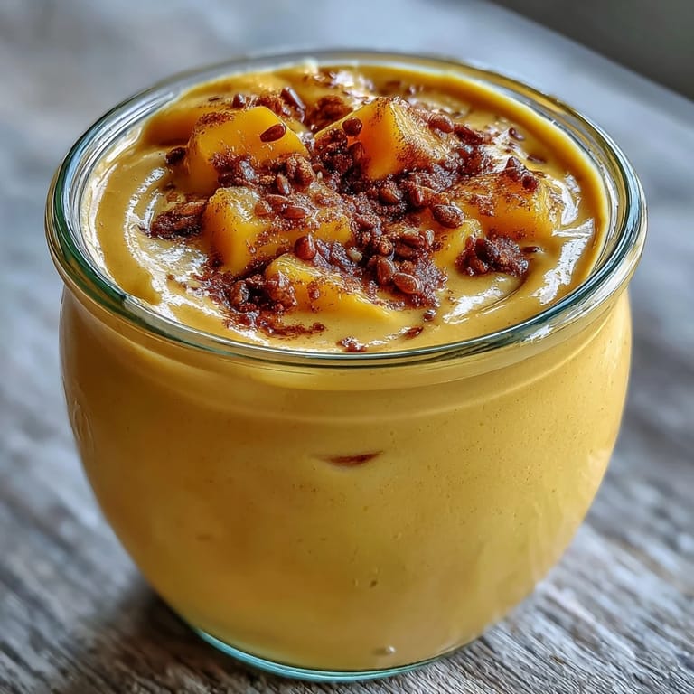 Creamy Vegan Mango Turmeric Golden Milk Smoothie poured into a glass with chia seeds on top.