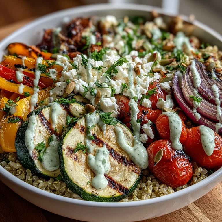 A close-up of Mediterranean-inspired Grilled Veggie and Quinoa Power Bowls with Tahini Drizzle, featuring charred vegetables and creamy sauce.