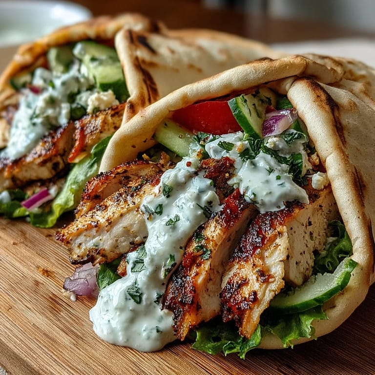Freshly prepared Mediterranean chicken pita pockets with crisp vegetables and creamy dill yogurt drizzle. 