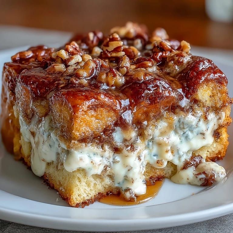 Overnight Cream Cheese Swirl Cinnamon Roll French Toast Bake with caramelized edges and sweet banana custard.