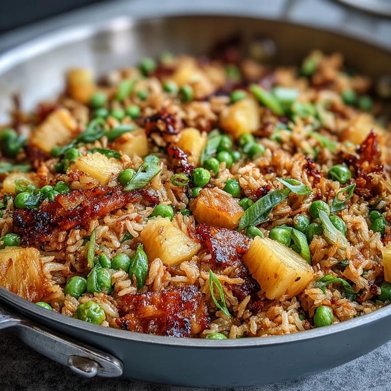 Healthy cauliflower rice stir-fry loaded with sweet pineapple, protein-rich edamame, and crisp bell peppers for a satisfying gluten-free vegan meal.  