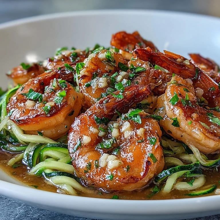 Succulent shrimp sautéed with garlic and butter, paired with vibrant zucchini noodles for a quick and satisfying keto dinner.