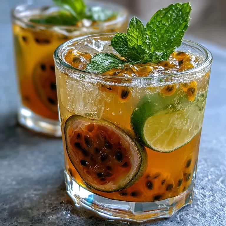 Refreshing passionfruit cocktail garnished with mint and lime, perfect for summer evenings and tropical vibes.