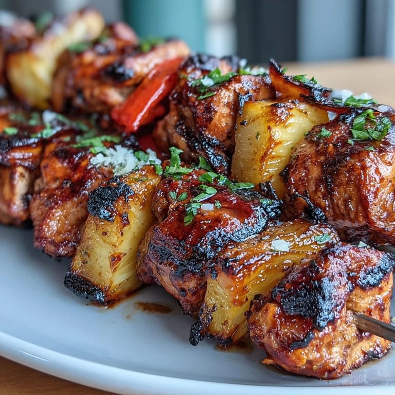 Spicy marinated chicken and pineapple skewers sizzling on the grill, capturing Caribbean flavors with vibrant bell peppers and fresh herbs.