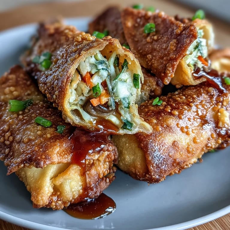 Golden brown air fryer egg rolls filled with shredded cabbage, carrots, and mushrooms, paired with a sweet soy ginger glaze.  