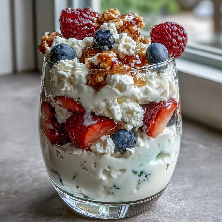 Wholesome cottage cheese berry parfait with colorful fruit layers, crisp granola topping, and mint garnish for a fresh, energizing morning meal.