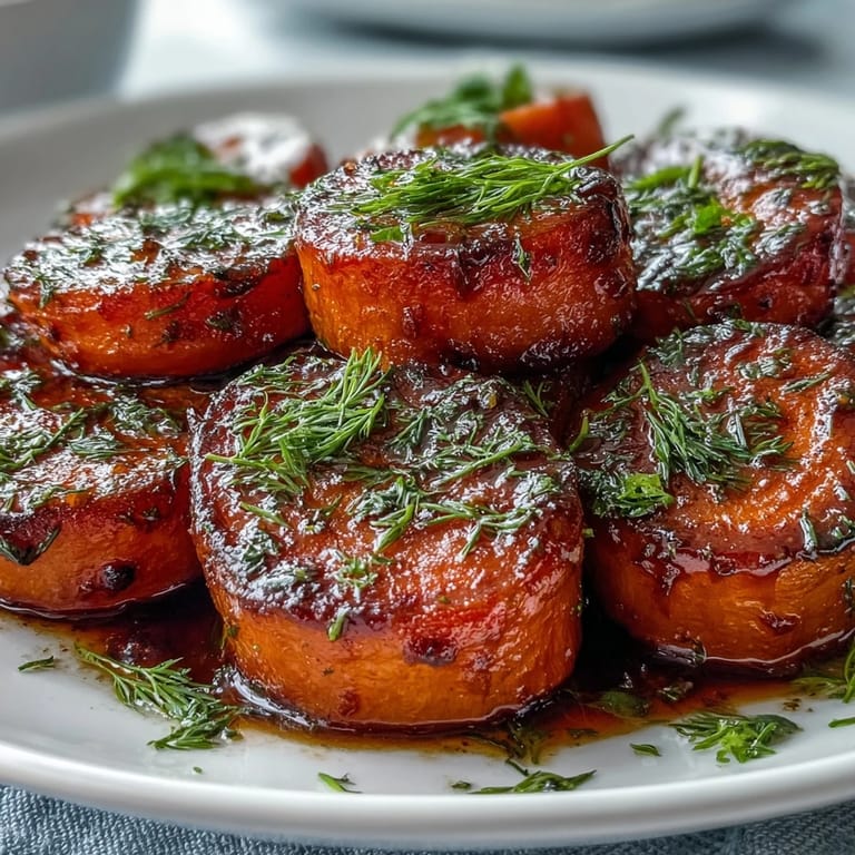 Aromatic carrots coated in honey-orange glaze, garnished with fresh dill for a bright, flavorful side.  