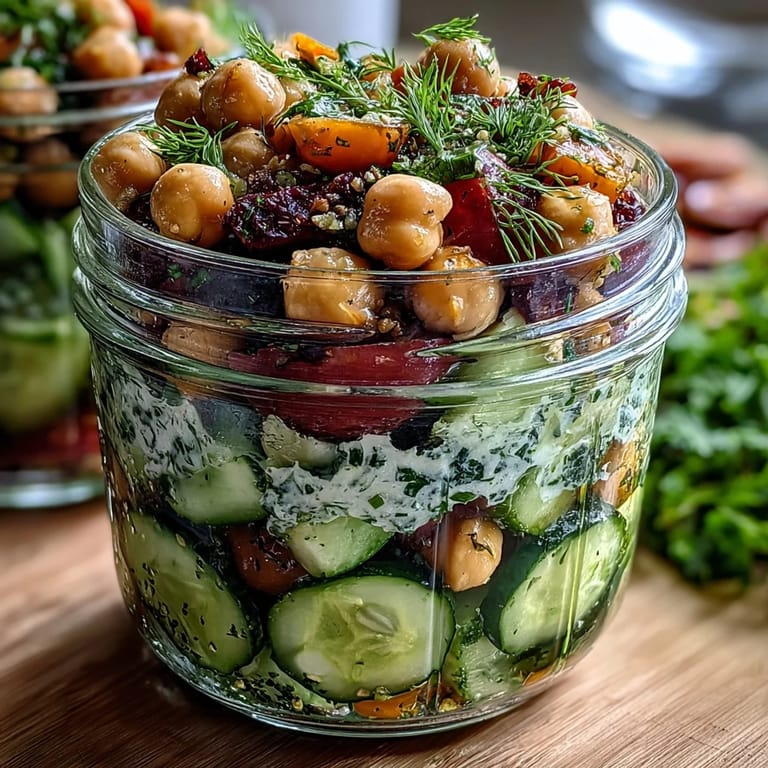 Refreshing Chickpea Cucumber Salad Jars featuring bright citrus flavors, fresh herbs, and colorful veggies in convenient, make-ahead containers.