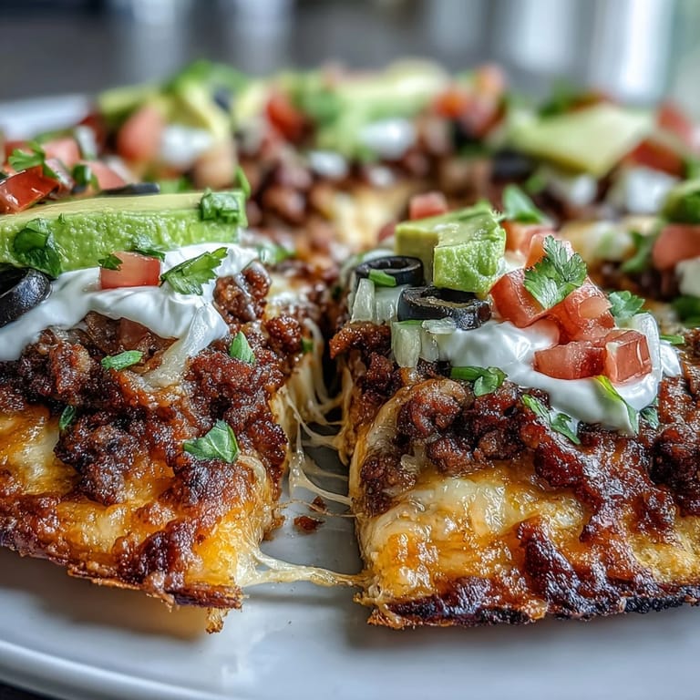 Savory keto taco pizza with melted cheese crust, spicy beef, and colorful fresh garnishes.