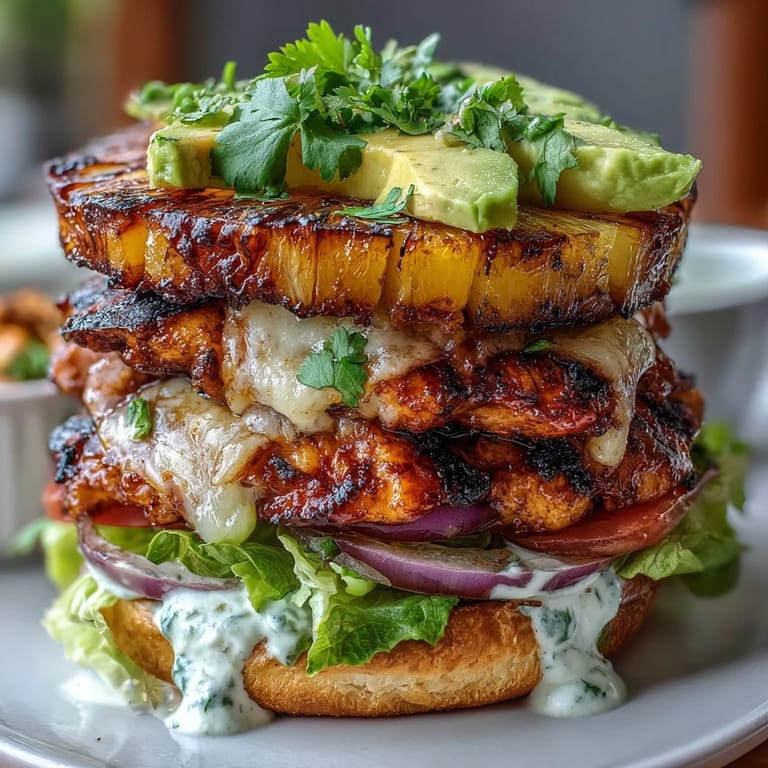 Hearty grilled chicken pineapple burger stacks layered with melted cheese, grilled onions, and vibrant veggies—perfect for a lighter, bun-free meal.