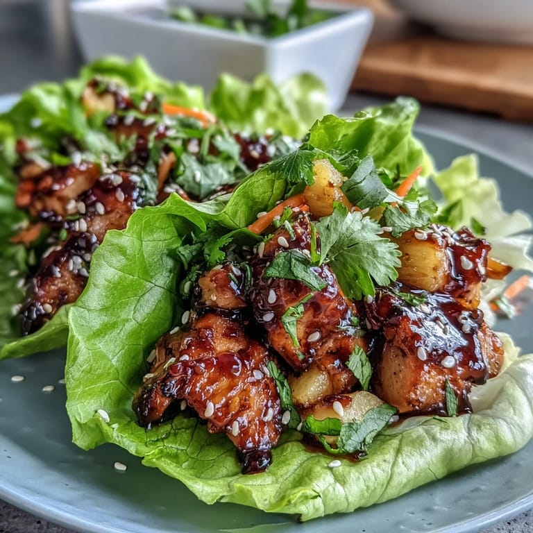 Savory teriyaki chicken stir-fried with sweet pineapple and crunchy vegetables, served in chilled lettuce wraps.  