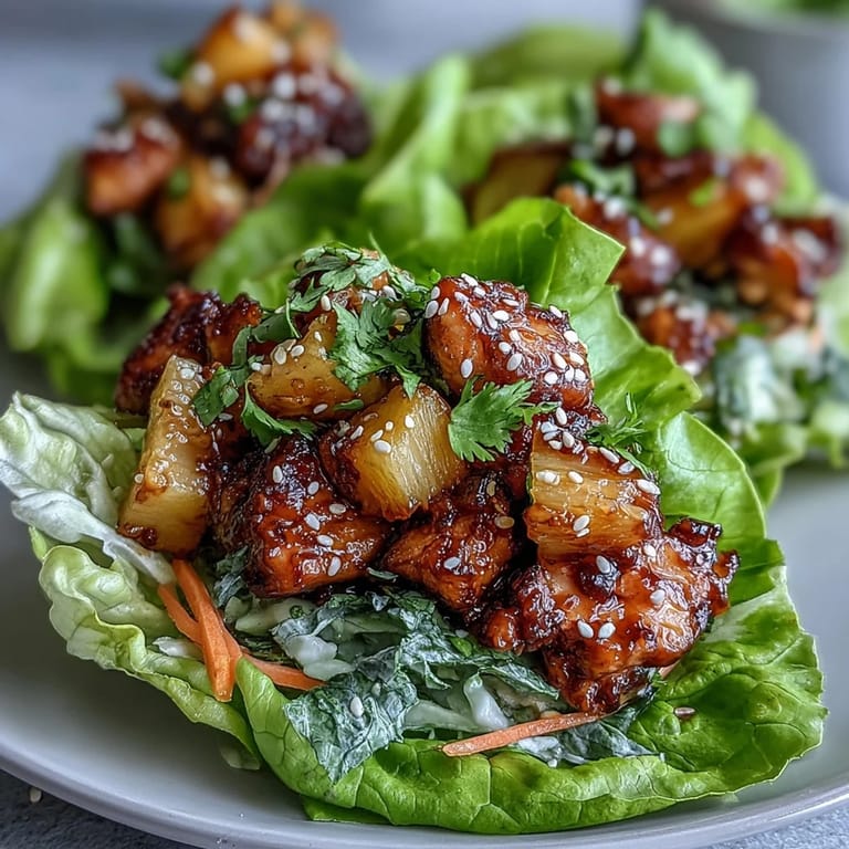 Homemade teriyaki chicken with pineapple, bell pepper, and carrots, wrapped in fresh lettuce for a healthy meal.