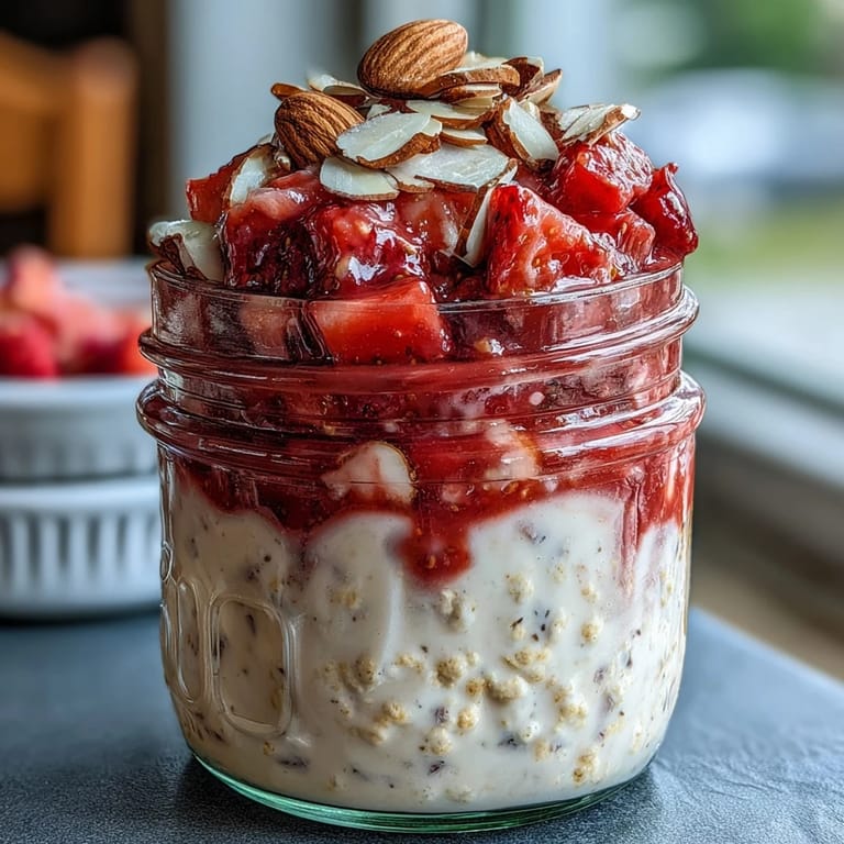 Protein-packed overnight oats layered with sweet strawberries and Greek yogurt, perfect for busy mornings.