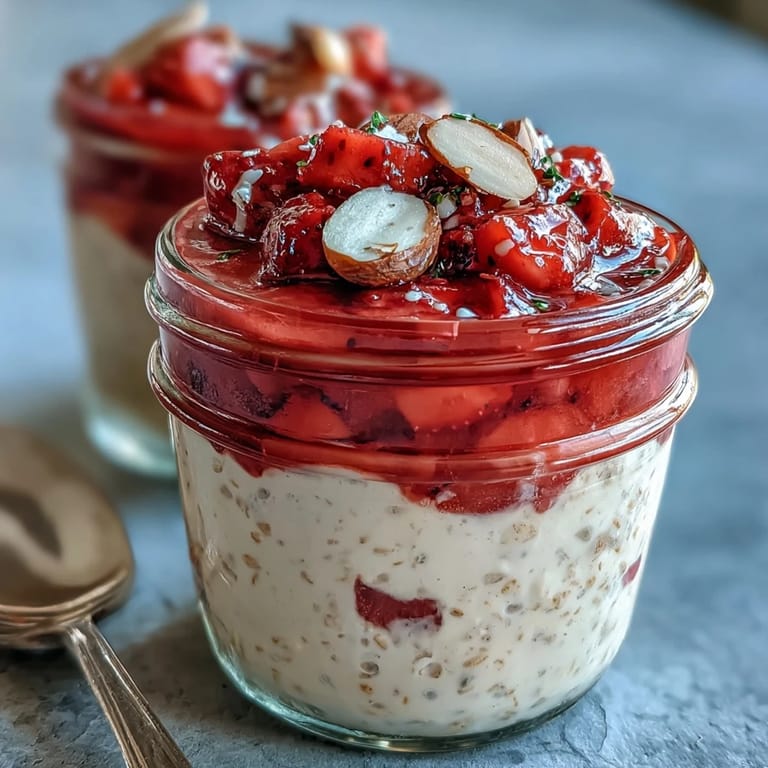 Delicious strawberry overnight oats with chia seeds and vanilla protein powder, ready in minutes.