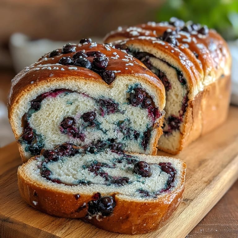 Homemade lemon blueberry sourdough bread, sliced to reveal tangy citrus and berry layers inside.