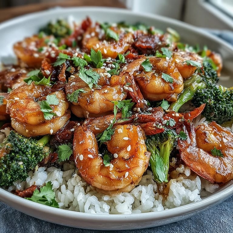 Juicy shrimp stir-fried with fresh vegetables and aromatic garlic, served hot and glossy with sesame seeds.