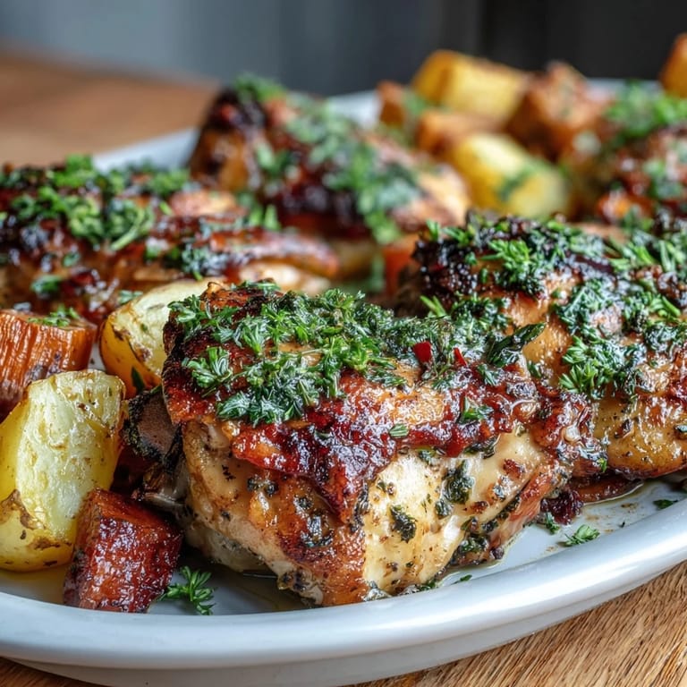 Juicy chicken thighs roasted with carrots and potatoes, seasoned with herbs and spices for a comforting family meal.