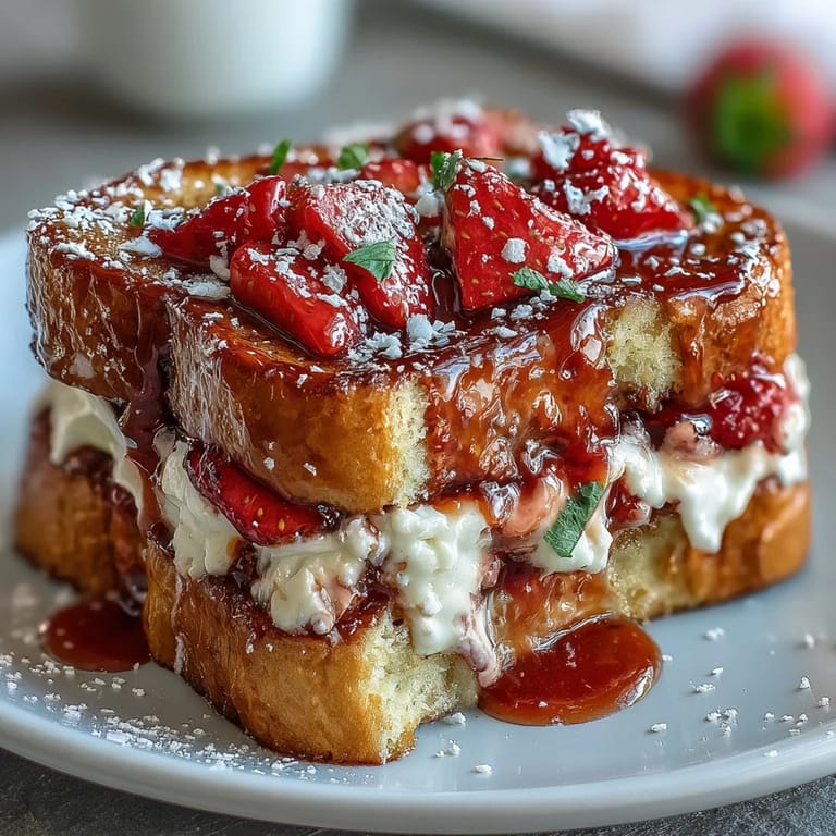 Decadent brioche French toast bake layered with strawberries, baked to perfection, and finished with a crunchy almond-sugar topping.