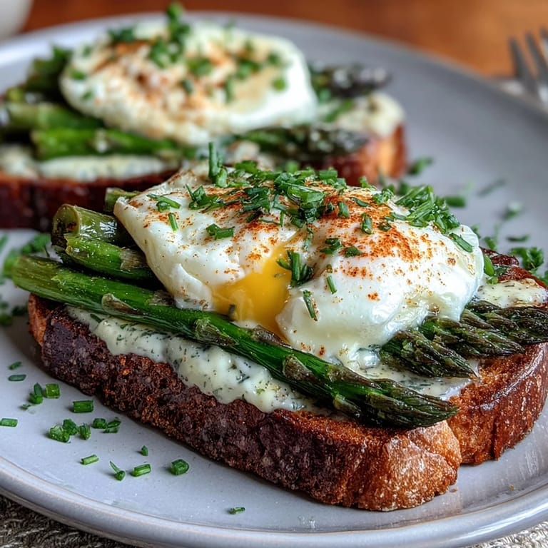 Rustic sourdough slices layered with velvety eggs, blanched asparagus, and a sprinkle of chives—perfect for a light vegetarian brunch.