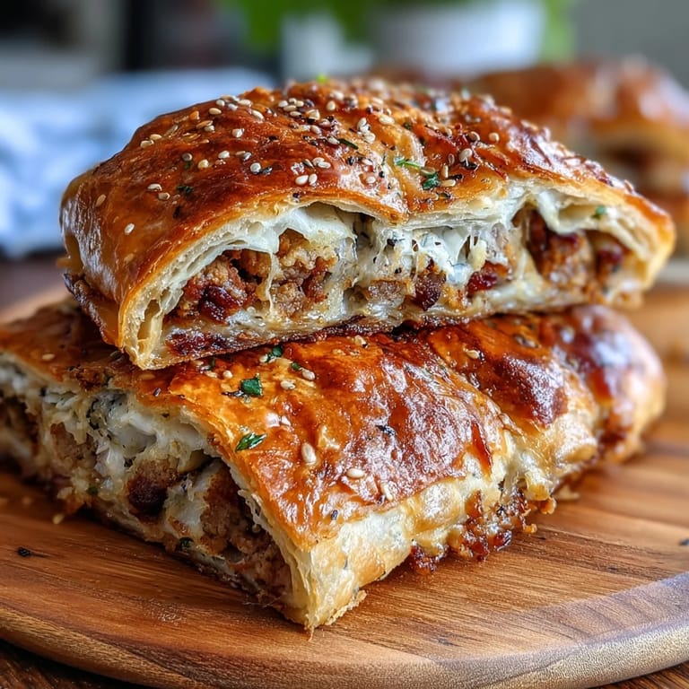 Savory mini sausages in flaky puff pastry, baked golden and paired with honey Dijon mustard sauce.