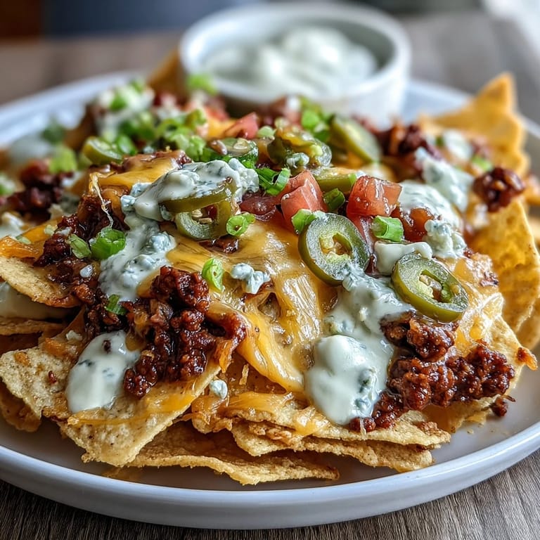Hearty nachos piled high with savory beef, creamy cheddar sauce, fresh tomatoes, and zesty jalapeño slices.  