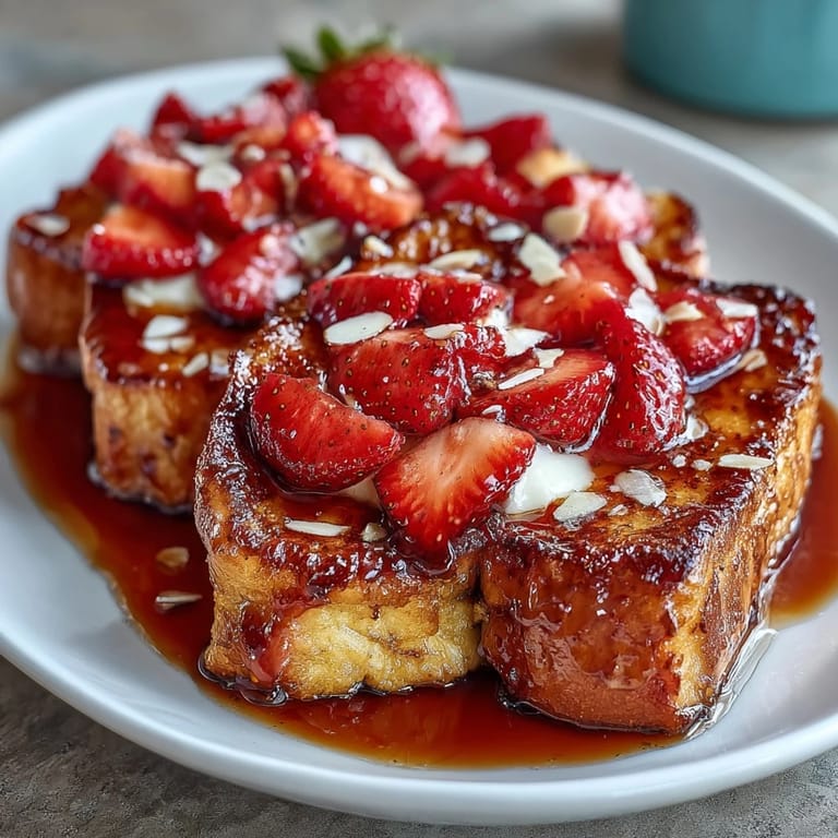 A vibrant Strawberry French Toast Bake featuring juicy strawberries, fluffy brioche, and a cinnamon-vanilla custard, topped with almonds and turbinado sugar.