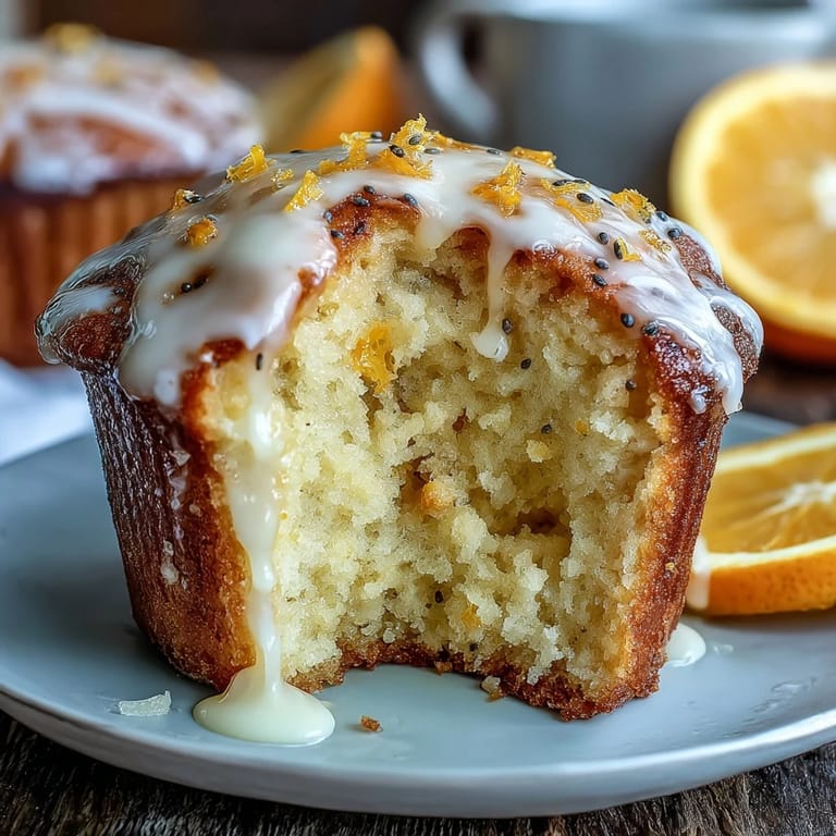 Freshly baked lemon muffins topped with a zesty glaze, each bite bursting with citrus flavor and poppy seed crunch.