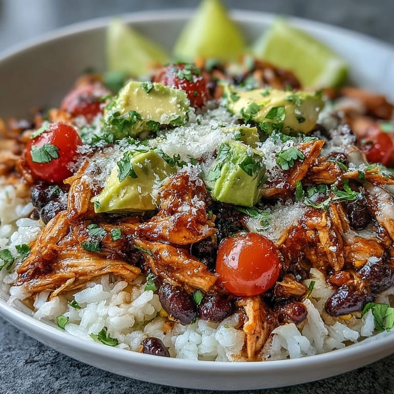 Slow-cooked salsa chicken in vibrant bowls layered with rice, corn, black beans, avocado, and a sprinkle of fresh cilantro for a hearty meal.