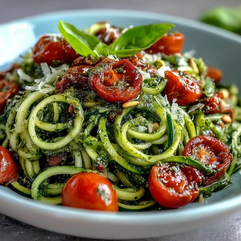 Light and healthy spiralized zucchini with homemade pesto, cherry tomatoes, and a sprinkle of Parmesan.  