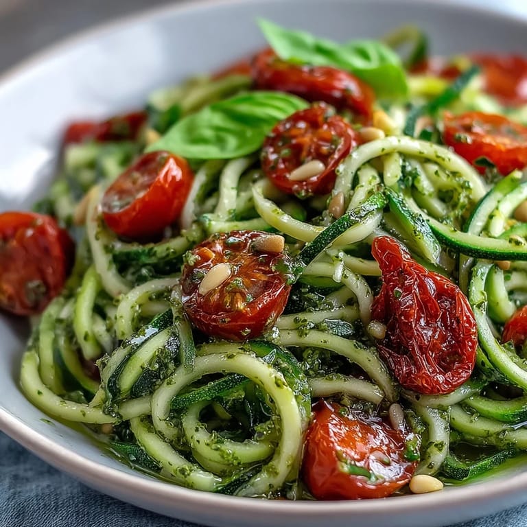 Fresh zucchini noodles coated in rich basil pesto, paired with sweet cherry tomatoes for a quick, gluten-free meal.