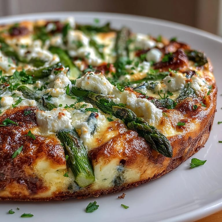 Golden baked frittata featuring fresh asparagus, sweet peas, and tangy goat cheese, bursting with seasonal flavors.