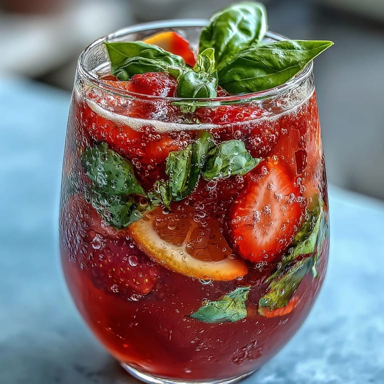 Chilled strawberry basil sangria mocktail served over ice with sliced fruit and basil leaves, refreshing and alcohol-free.
