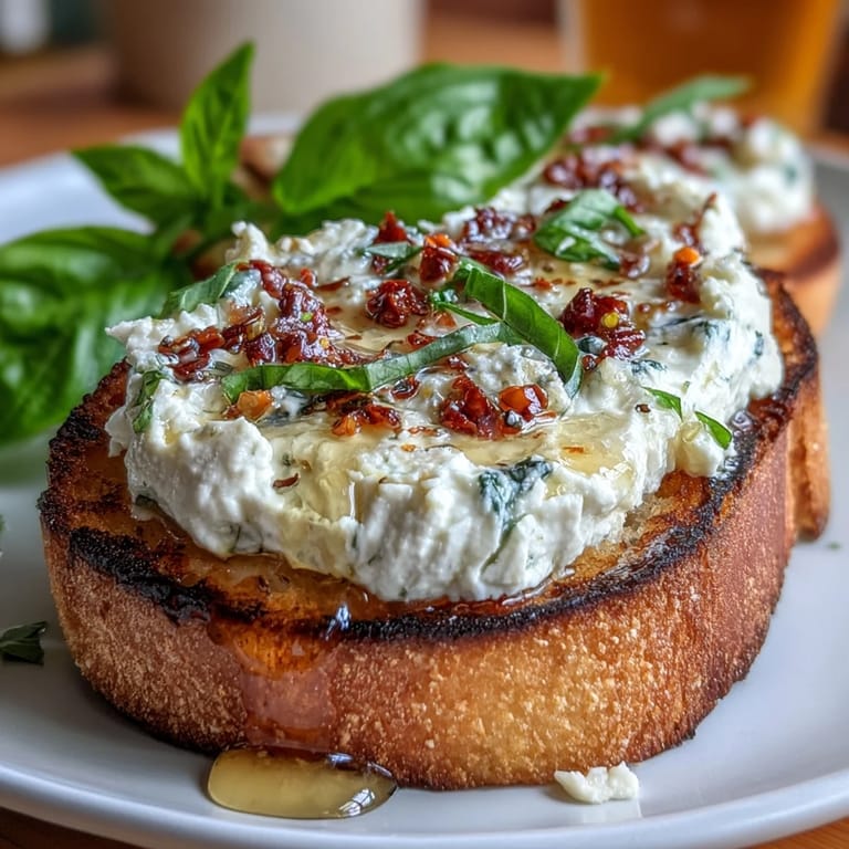 Warm Italian-American bruschetta featuring a sweet and spicy hot honey drizzle over ricotta.