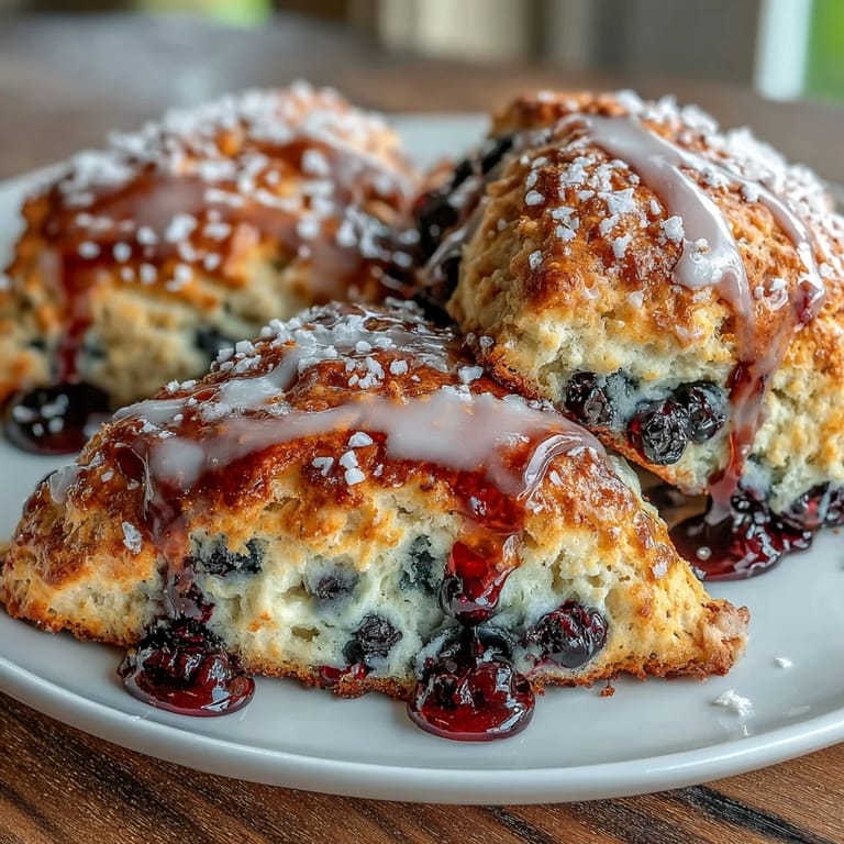 Freshly baked scones bursting with plump blueberries and topped with a tangy lemon drizzle, served on a rustic plate.