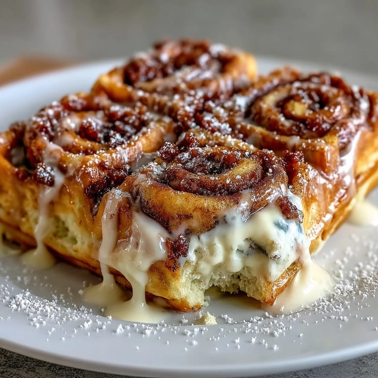 Decadent cinnamon roll waffles feature a buttery swirl and luscious vanilla glaze, ideal for indulgent mornings or dessert-for-breakfast lovers.