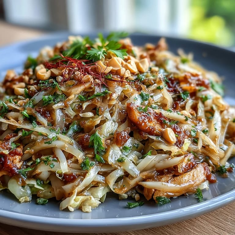 Low-carb cabbage Pad Thai loaded with crunchy cabbage, carrots, and bell peppers, topped with peanuts and fresh cilantro.