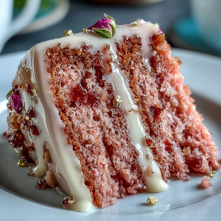 Elegant pink velvet cake, kissed with rosé and gleaming gold drip.