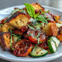 Summer Panzanella salad showcases grilled bread, ripe tomatoes, and fresh basil.